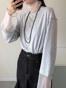 FRIFUL Áo thun nữ cổ cao, chất liệu lưới, dáng rộng, thích hợp mặc đi phố, in họa tiết. - Màu Xám nhạt - Xem 6