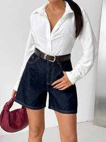 SHEIN High Waist Raw Dark Blue Wash Smart Casual Style Woman Denim Jean Button Closure - Dark Wash - View 6