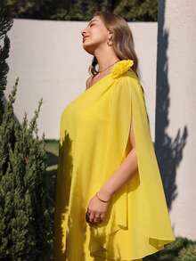 Juhart 女士优雅休闲黄色雪纺半透明不对称领口可拆卸花朵装饰宽松加大码迷你连衣裙，春夏款 - 黃色 - 查看 6