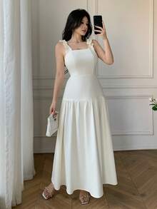 Celisse Square Neck Ruffle Trim Adjustable Shoulder Strap Elastic Waist Dress For Women - Apricot - View 6