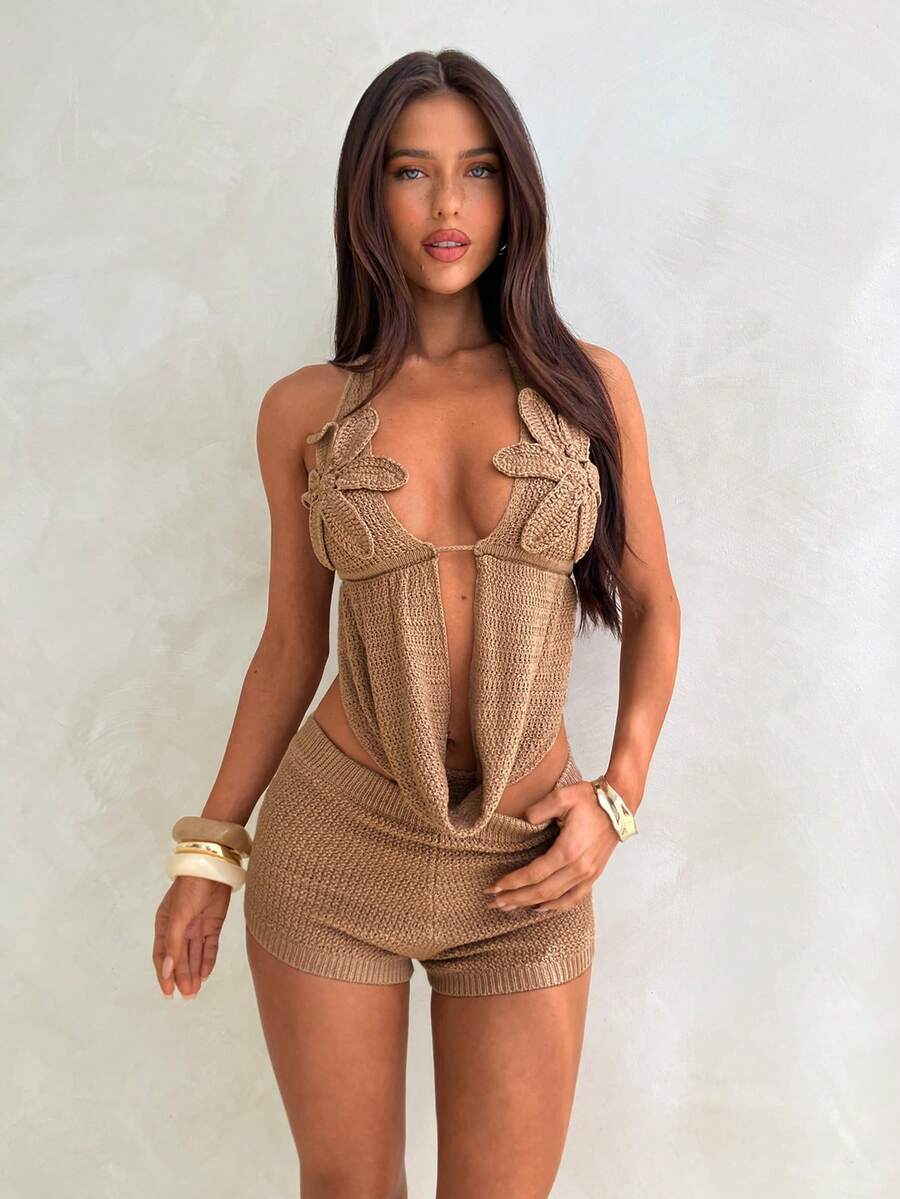 Aloruh Women's Sexy Backless Crochet 2 Pieces Set, Elegant Summer Outfit - Khaki - View 1