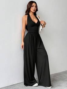 SHEIN MOOSTA 女士休闲蕾丝拼接连体裤，春夏款 - 黑色 - 查看 3