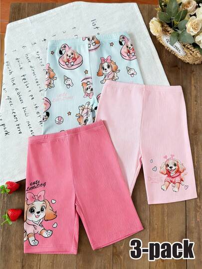 3pcs/Set Young Girl' Casual Cute Cartoon Dog Print Leggings, Comfortable Soft Ribbed Elastic Waist Pants, Versatile All-Match Bottoms For Summer