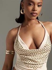 Studded Cowl Neck Halter Top Sexy Tops Clubwear Concert Outfits GNO Fashionable - Apricot - View 2
