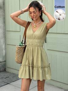 Serisse Women's Shirred Sleeveless Pleated Casual Mini Dress For Summer,V-Neck Tie-Back Dress Made Of Natural Pure Cotton,Pleated Elastic Waistband Design,Fresh And Elegant French Women's Clothing For Summer,Ruffled Hem Dress, Summer Casual Dress, Women Vacation Dress, Green Dresses For Women,Khaki Dress, Olive Dress, French Style Dress, French Style Dress, Spain Vacation Outfits, Greece Vacation Outfit,Summer Dresses For Women,Elegant Dresses For Party,Beach Outfits, Beach Vacation Outfits For Women,Holiday Outfits For Women,Summer Outfit For Women,Summer Clothes, Backless Summer Dress, Sun Dresses For Vacation Tie Back Dress - Green - View 9