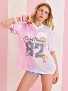 SHEIN X Care Bears Áo thun nữ cổ chữ V in hình hoạt hình. - Hồng - Xem 4