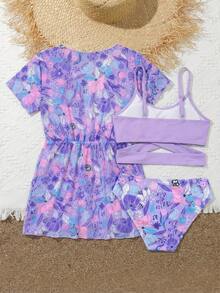 SHEIN 少女碎花三件套泳衣套装 女童沙滩套装 女童夏季度假套装 三件套比基尼套装 青少年三件套泳衣 女童泳衣套装 三件套泳衣套装 少女泳衣套装 泳衣和罩衫套装 女童两件套罩衫比基尼 两件套度假套装 三件套泳衣套装 少女服装套装 夏季沙滩紫色泳衣套装 三件套泳衣 薰衣草色两件套 青少年紫色两件套 女童紫色泳衣 - 紫色 - 查看 2