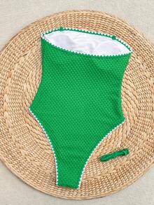 Costavie Traje de baño de una pieza con tirantes desmontables y elegante estilo casual, con tela texturizada y bloques de color de moda, adecuado para vacaciones de verano en la playa, atuendo para fiestas en la playa, traje de baño de una pieza para vacaciones de primavera/verano 2026 de mujer - Verde - Ver 2