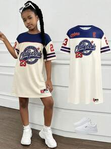 Tween Girls' Summer Squishy Letter Print Vintage Loose Short Sleeve Casual Dress, Versatile Daily Fashion - Apricot - View 1