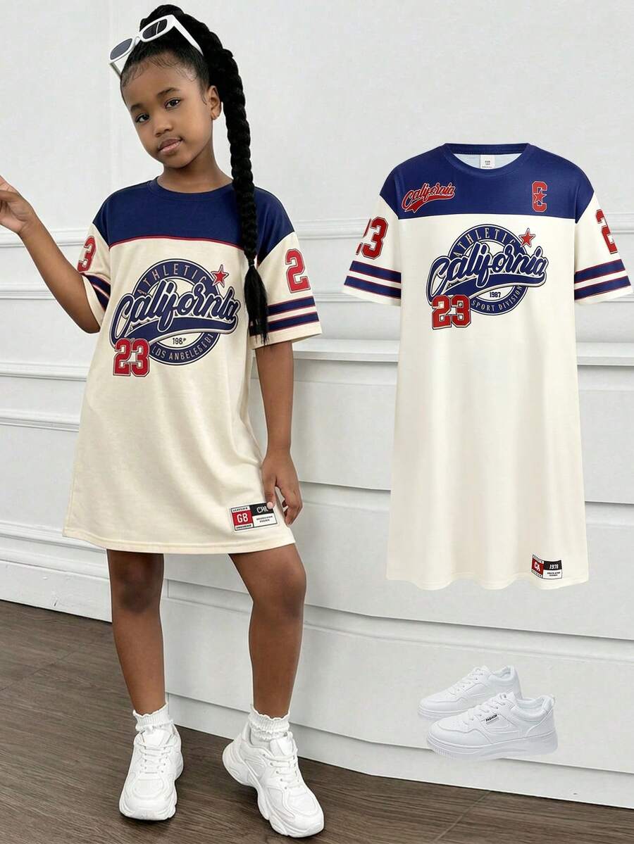 Tween Girls' Summer Squishy Letter Print Vintage Loose Short Sleeve Casual Dress, Versatile Daily Fashion - Apricot - View 1