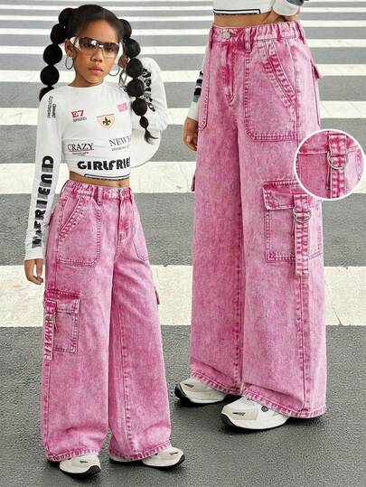 Tween Girls' Y2K Light Washed High Waist Loose Fit Blue Denim Wide Leg Cargo Pants With Buckle Design,Girls Pants Streetwear Vintage Outfits,Comfortable And Versatile, For 8-12 Years Old Girls, Suitable For School, Home And Travel