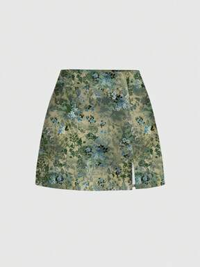 Fairycore Hippie Plant Dark Mysterious Forest Print Slit Mini Skirt For Women