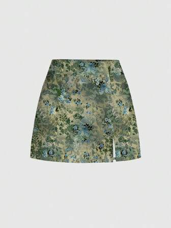 Fairycore Jupe mini fendue imprimée de forêt sombre et mystérieuse de style hippie pour femmes