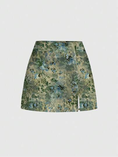 ROMWE Fairycore Hippie Plant Dark Mysterious Forest Print Slit Mini Skirt For Women