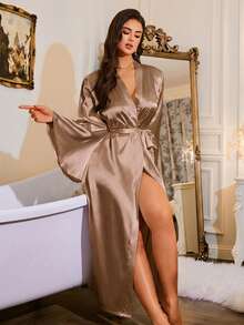 LuxeNights Áo choàng dài rộng rãi, thanh lịch kiểu Pháp, đồ ngủ nữ. - Cà phê nâu - Xem 3