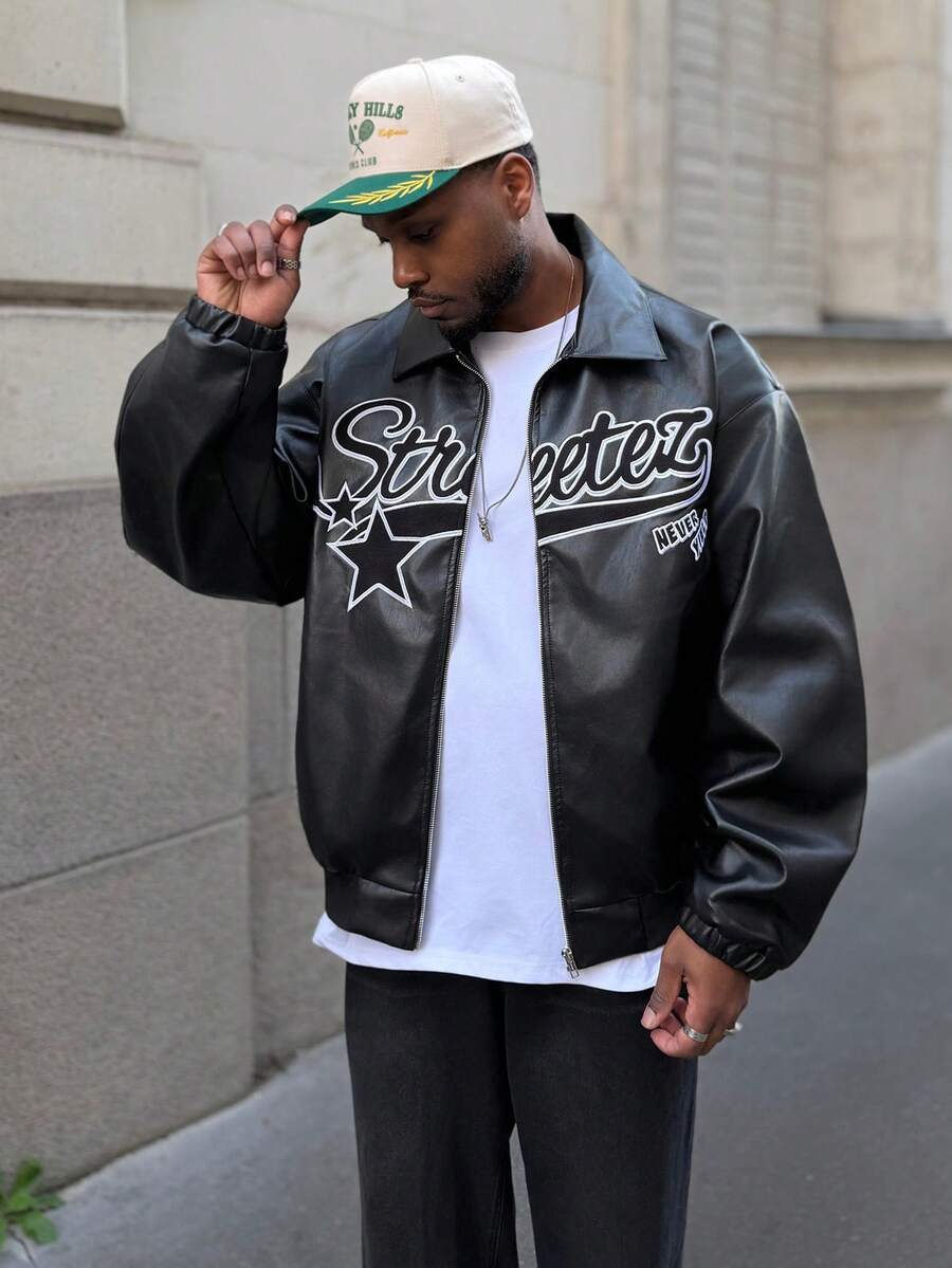 Heavens Edit 男士秋季字母图案长袖拉链翻领休闲PU皮夹克，复古飞行员夹克，派对字母夹克，送给朋友、丈夫、男友的礼物，街头风，秋冬季情侣装 - 黑色 - 查看 1