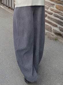 Heavens Edit Pantalon ample à plis à la taille, boucle de ceinture, poches en velours côtelé, couleur unie pour hommes - Gris - Voir 6