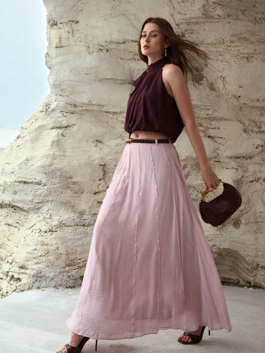 MOTF PREMIUM 女士飘逸雪纺中长裙，春夏款 - 粉色 - 查看 1