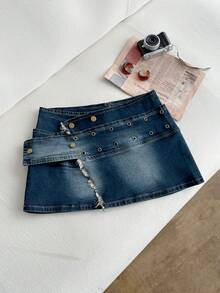 Elamini Women's Frayed Hem Metal Eyelet Fashionable Denim Mini Skirt - Blue - View 1