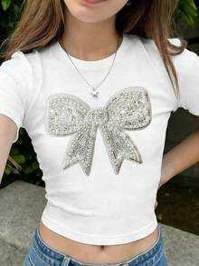 Áo thun ngắn tay cho bé gái, ôm sát, thiết kế nơ đính đá dễ thương, áo trắng đa năng dễ phối đồ, thích hợp cho các hoạt động ngoài trời, mùa xuân/hè. - trắng - Xem 5