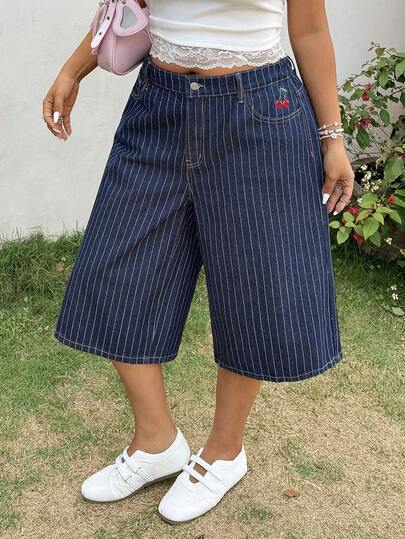 GalTyme Plus Size Summer Casual Striped Wide Leg Jeans