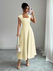 Elenzga 女士优雅休闲度假中长连衣裙，纯色方领腰带拼接A字短袖连衣裙，适合通勤、海滩、音乐节、啤酒节、春夏穿着。 - 鵝黃色 - 查看 3