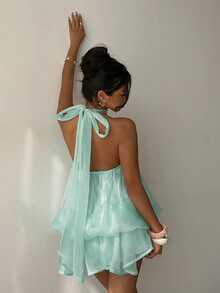 Aloruh Đầm ngắn cổ yếm màu vàng nhạt thanh lịch dành cho nữ - Màu xanh Bạc hà - Xem 8