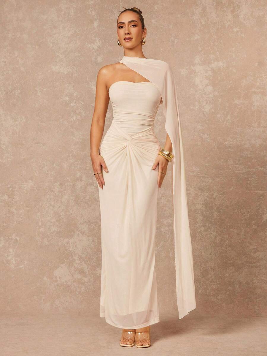 Lumalex VITNOS 秋冬新款高端优雅奶油黄简约时尚露背（可拆卸亮片）胸前荷叶边下摆网纱透明鱼尾连衣裙，适合约会、度假、派对、婚礼、伴娘活动、晚礼服 - 杏色 - 查看 1