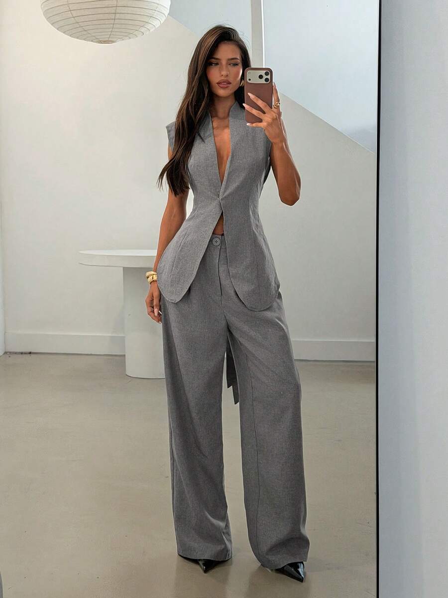 Aloruh Quần ống rộng thanh lịch dành cho nữ, cổ chữ V, eo thon và có chun co giãn. - Xám - Xem 1