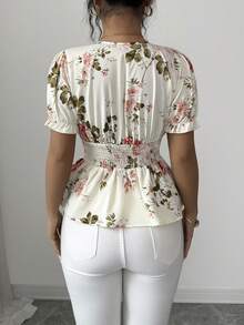 Elenzga 杏色印花褶皱不规则收腰优雅衬衫，适合情人节、复活节、生日、约会、派对、正式场合、教师节、旅行、春夏穿着。 - 杏色 - 查看 2