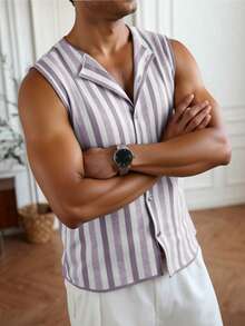 Manfinity Homme Áo thun nam không tay, kẻ sọc, cài một hàng cúc, kiểu dáng thường ngày. - Màu tím - Xem 3