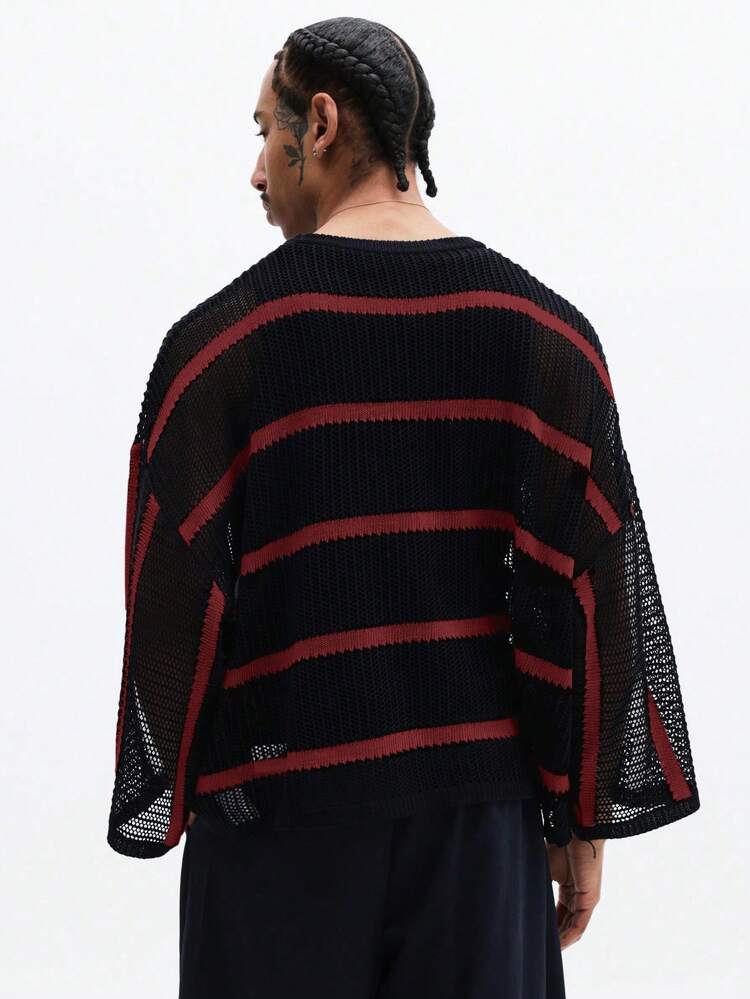 Maglione a maniche lunghe con scollo a girocollo, in maglia a righe orizzontali, casual, per uomo, adatto per l'autunno e l'inverno