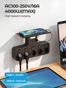 Teckwe 5孔牆壁插座擴展器，附6個USB充電埠(3C+3A)，壁掛式電源接線板，含手機置物架與開關，家用多功能插頭轉接器 - 查看 2