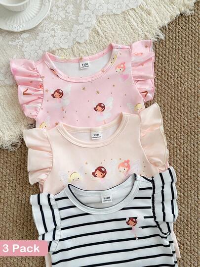 SHEIN 3件套彩色爱心条纹荷叶边圆领T恤，柔软舒适，休闲可爱，春夏新品