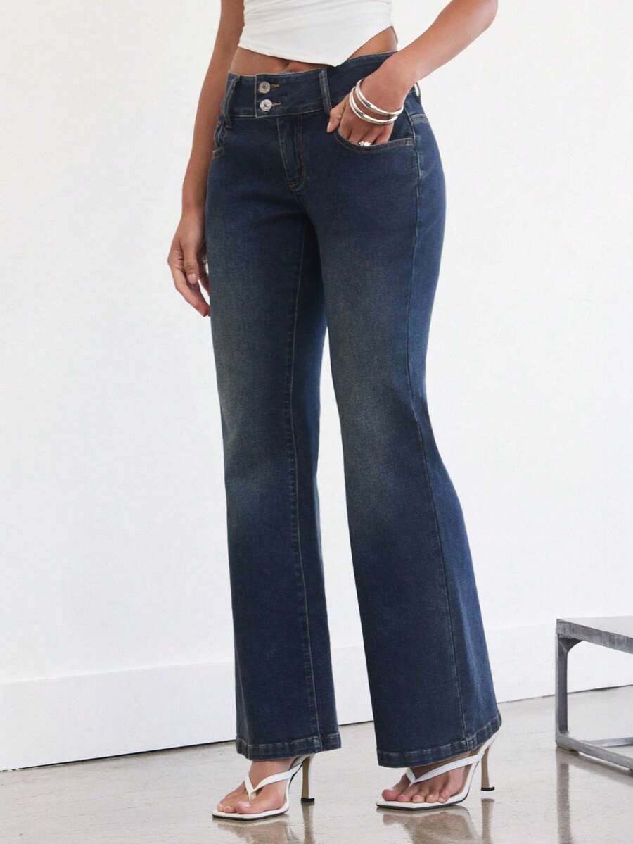 Denimoi Jeans acampanados de tiro bajo con estiramiento, jeans de tiro bajo de moda Y2K, jeans sexy - Azul lavado medio - Ver 1