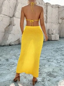 Breezaya Women's Asymmetric Hem Halter Neck Knit Top And Mini Skirt Casual Vacation 2 Pieces Set - Yellow - View 2