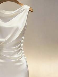 Franclia Champagne Satin Cowl Neck Sleeveless Fitted Dress - Beige - View 4