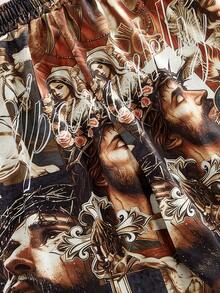 ROMWE MEN Street Life 男士耶稣印花抽绳腰斜插口袋休闲短裤 - 卡其色 - 查看 5