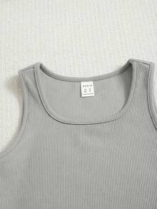 SHEIN Tween Girls' Solid Color Tank Top And Shorts Set, Cute And Casual - Grey - View 3
