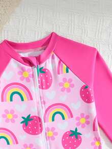 SHEIN 女童动物印花长袖连体泳衣，可爱动物园图案，防晒，夏季 - 彩色 - 查看 3