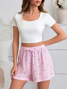 SHEIN Women's 2 Packs Ribbed Knit Heart Print Sleep Shorts Elastic Waist Pajama Bottoms - Pink - View 3