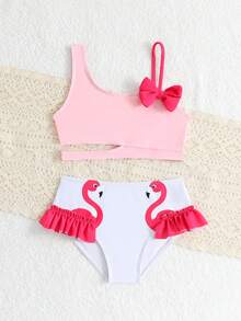女童蝴蝶结装饰吊带背心式泳衣套装，包含上衣和三角泳裤，适合夏季度假。 - 粉色 - 查看 5