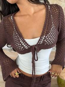 SHEIN EZwear Coffee Brown Long Sleeve Front Tie Cropped Thin Cardigan - Coffee Brown - View 7