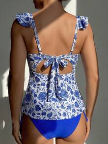 Swim DD+ Áo bikini hai dây hở lưng, cổ vuông, họa tiết bèo nhún, viền ren, dây rút, hàng mới về, thích hợp cho kỳ nghỉ biển. - Màu xanh lam - Xem 2