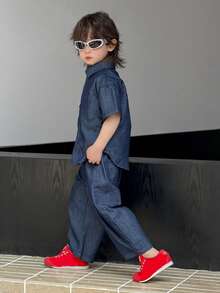 DAZY 男童短袖衬衫和牛仔裤套装 - 藍色 - 查看 7