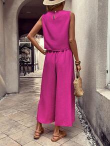 EMERY ROSE 女士纯色圆领上衣和阔腿裤休闲两件套 - 中紫紅色 - 查看 2