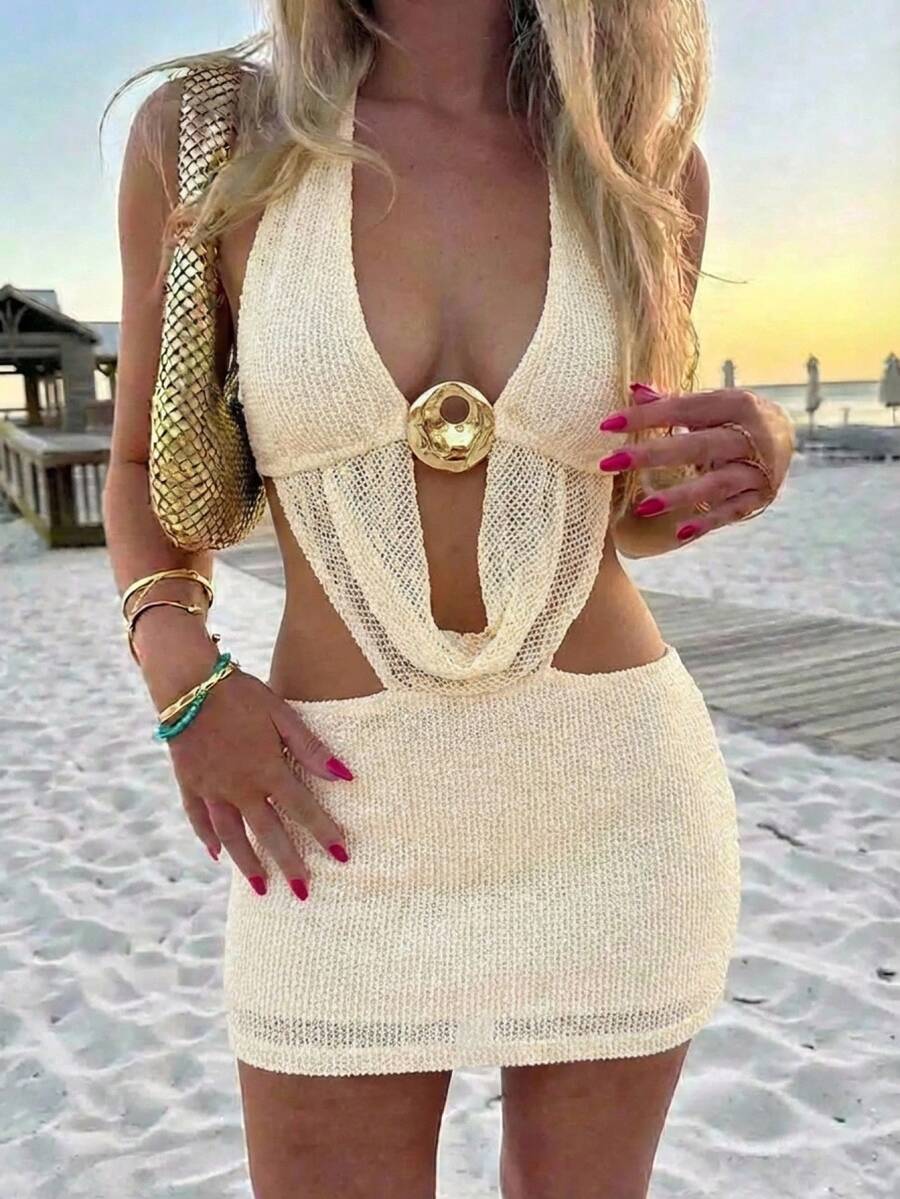 Aloruh Women's Vacation Deep V Starfish Solid Color Textured Halter Backless Tie Mini Dress