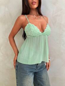 Aloruh 女士新款薄荷绿蕾丝罩杯雪纺褶皱上衣/夏季衬衫/可爱上衣/迷人海岛度假上衣/沙滩装娃娃衫 女士夏季沙滩装上衣 女士夏季可爱上衣 - 薄荷綠 - 查看 1