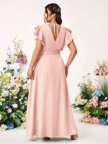 Cravure Đầm cưới cỡ lớn lãng mạn, thanh lịch, màu trơn, cổ chữ V chéo, thắt nơ bên hông, tay bồng. - Hồng - Xem 2