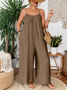 SHEIN Clasi Plus Size Solid Color Minimalist Casual Camisole & Straight Leg Pants Fall - Khaki - View 6